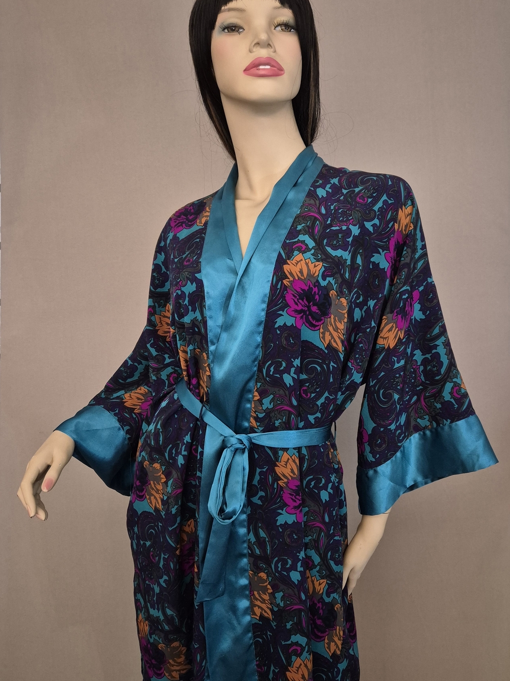 Victoria's Secret Floral Satin-Trim Kimono Robe in Navy, Teal, Purple & Orange
